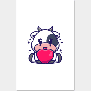 Cute baby cow cartoon with love Posters and Art